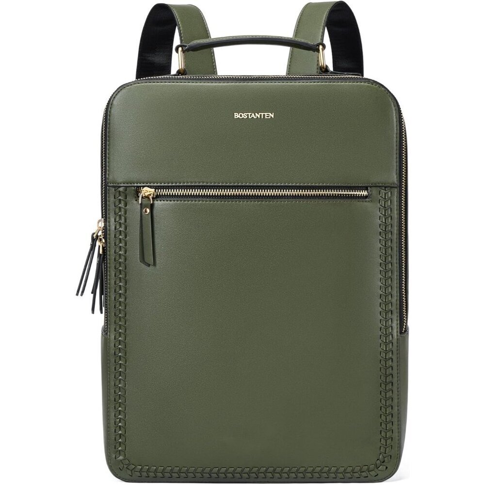 Men's Olive Green 15.6 inch Laptop Bag Travel Casual Computer Leather Backpack